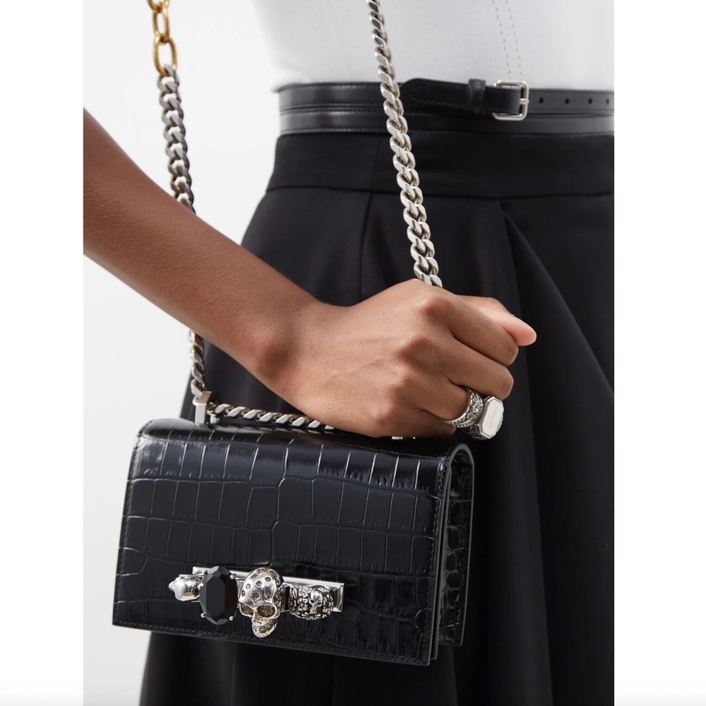 Alexander McQueen Black Croc Embossed 4- Ring Satchel with Two-Tone Chain Strap